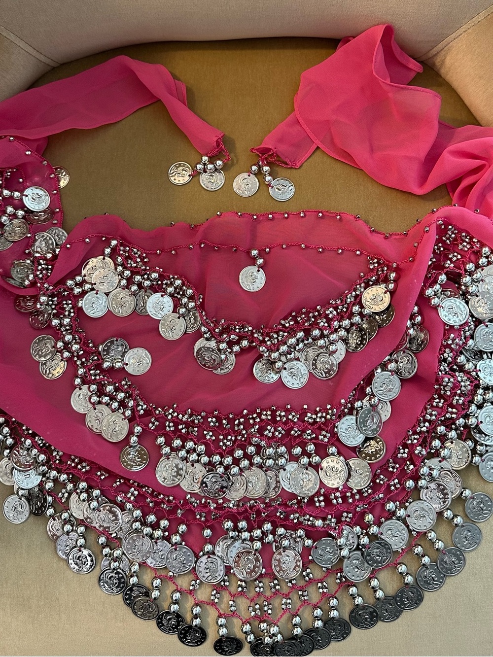 Hot Pink Coin Fringe Belly Dance Hip Scarf